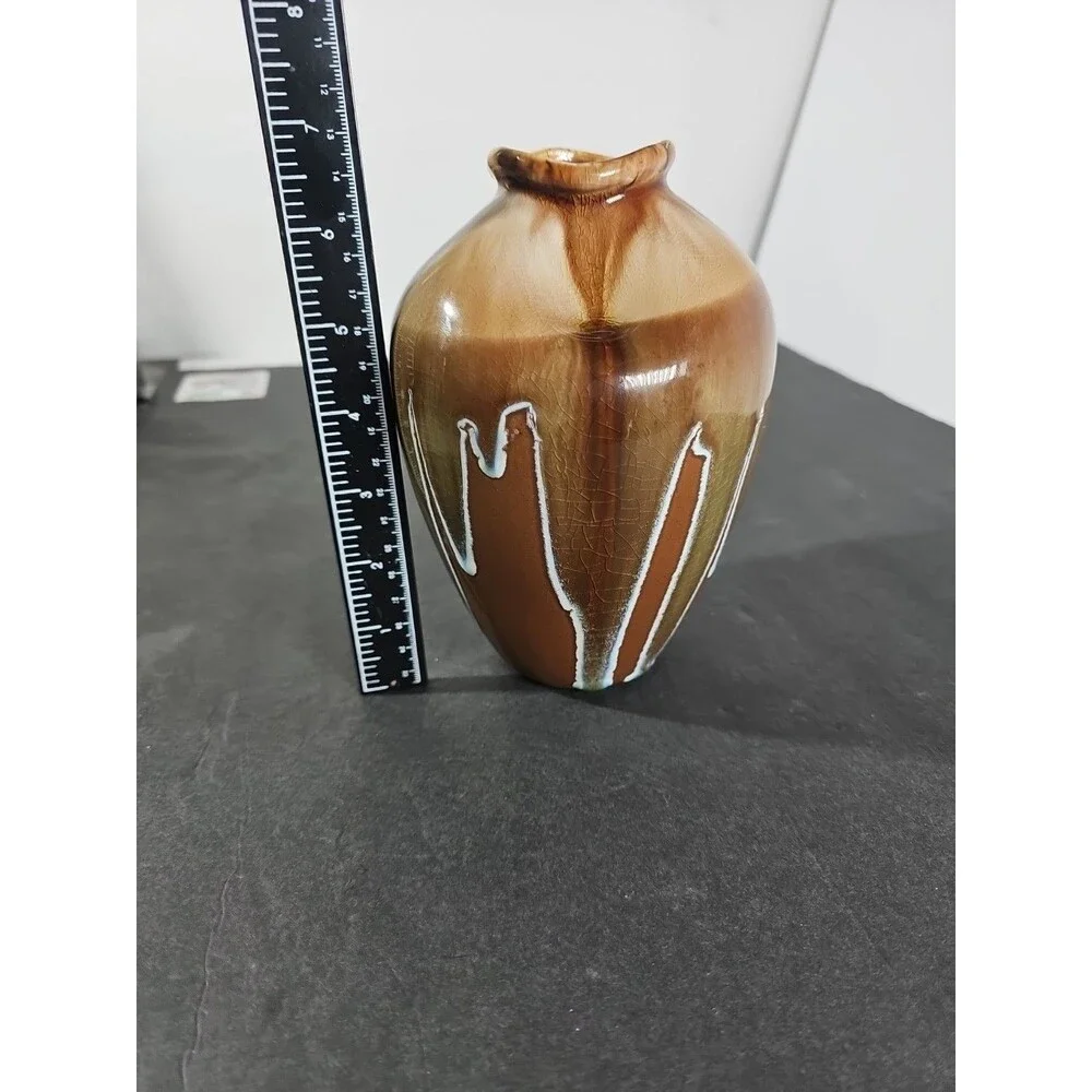Vintage Drip Glaze Pottery Vase Pinched Handmade 7” Brown Light Blue